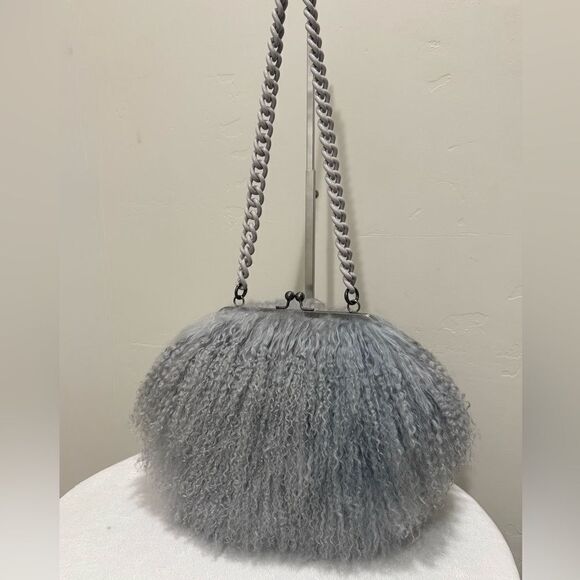 Gray Handmade Genuine Mongolian Lamb Fur Kisslock Clutch/Shoulder Bag/Crossbody - Picture 8 of 16